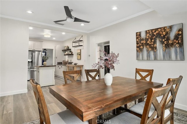 4338 Beagle St, Los Angeles, CA 90032 - dining room with a ceiling fan, light wood-style floors, ornamental molding, baseboards, and recessed lighting