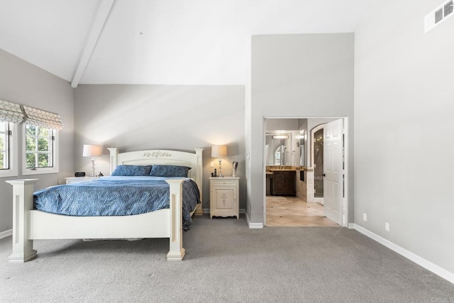5135 Island Forest Pl, Westlake Village, CA 91362 - bedroom featuring visible vents, baseboards, high vaulted ceiling, carpet, and ensuite bath