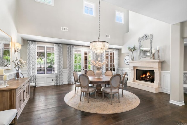5135 Island Forest Pl, Westlake Village, CA 91362 - dining room with wainscoting, dark wood-style flooring, a chandelier, and visible vents