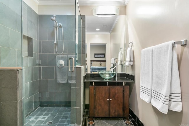 5135 Island Forest Pl, Westlake Village, CA 91362 - bathroom with tile patterned flooring, ornamental molding, vanity, and a shower stall
