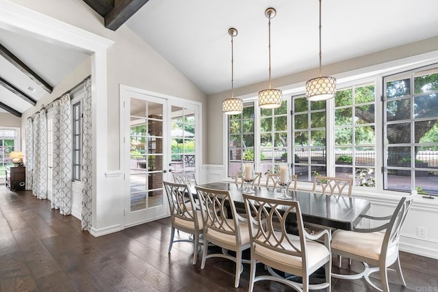 5135 Island Forest Pl, Westlake Village, CA 91362 - dining room featuring vaulted ceiling with beams, wainscoting, dark wood-type flooring, and a decorative wall
