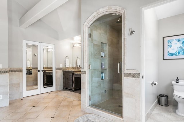 5135 Island Forest Pl, Westlake Village, CA 91362 - bathroom with vanity, french doors, tile patterned flooring, and a stall shower