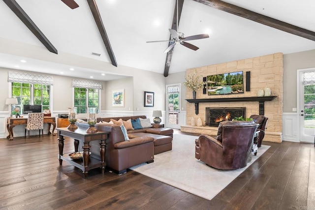 5135 Island Forest Pl, Westlake Village, CA 91362 - living area featuring beamed ceiling, a ceiling fan, dark wood finished floors, and visible vents