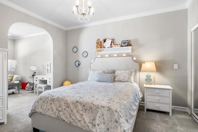 5135 Island Forest Pl, Westlake Village, CA 91362 - carpeted bedroom featuring crown molding, arched walkways, baseboards, and a notable chandelier