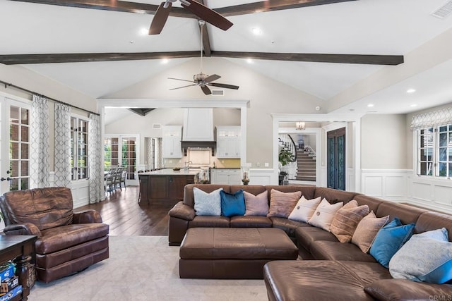 5135 Island Forest Pl, Westlake Village, CA 91362 - living area with hardwood / wood-style floors, a ceiling fan, vaulted ceiling with beams, visible vents, and stairway