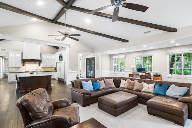 5135 Island Forest Pl, Westlake Village, CA 91362 - living room featuring ceiling fan, wainscoting, dark wood finished floors, and visible vents