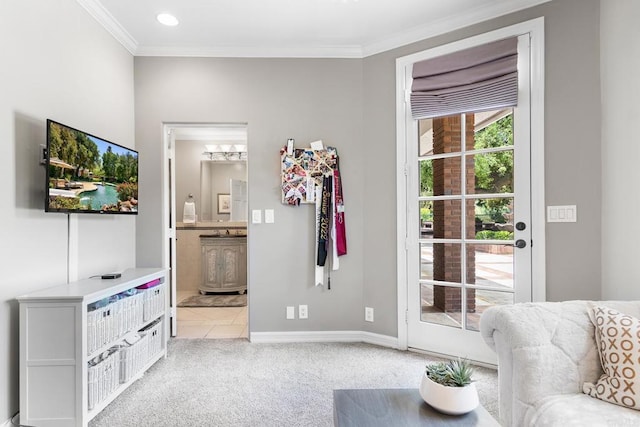 5135 Island Forest Pl, Westlake Village, CA 91362 - living area featuring baseboards, ornamental molding, light tile patterned floors, and light carpet