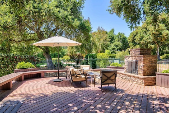 5135 Island Forest Pl, Westlake Village, CA 91362 - wooden deck with an outdoor living space with a fireplace and fence