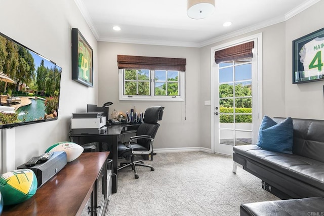 5135 Island Forest Pl, Westlake Village, CA 91362 - office area with carpet floors, ornamental molding, and plenty of natural light