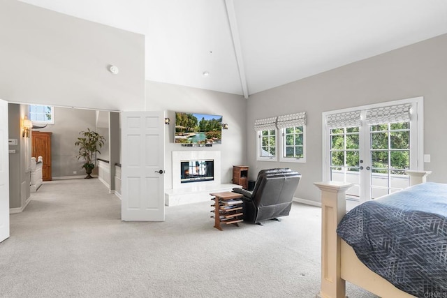 5135 Island Forest Pl, Westlake Village, CA 91362 - carpeted bedroom featuring a glass covered fireplace, baseboards, french doors, and high vaulted ceiling