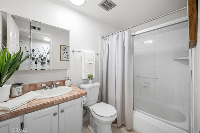 bathroom with shower / bath combination with curtain, visible vents, tile patterned flooring, vanity, and toilet