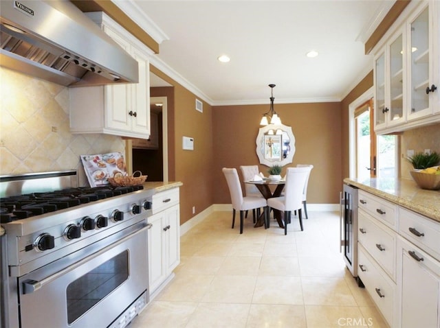 4911 Browndeer Ln, Rancho Palos Verdes, CA 90275 - kitchen with high end stainless steel range, exhaust hood, decorative backsplash, wine cooler, and crown molding