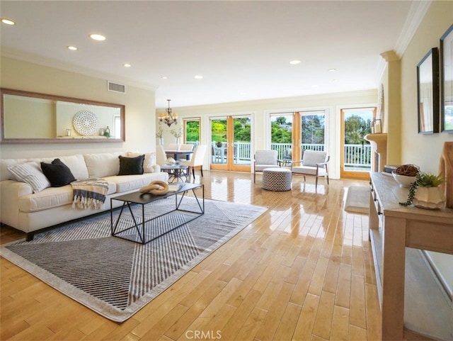 4911 Browndeer Ln, Rancho Palos Verdes, CA 90275 - living area featuring ornamental molding, light wood-style flooring, recessed lighting, and a chandelier