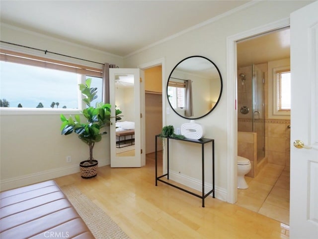 4911 Browndeer Ln, Rancho Palos Verdes, CA 90275 - full bath with a shower stall, toilet, wood finished floors, and crown molding