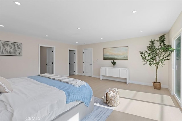 bedroom with baseboards, light wood-type flooring, and recessed lighting