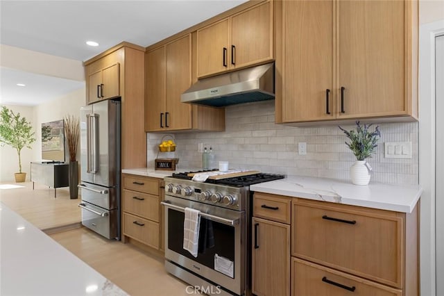 kitchen featuring decorative backsplash, high end appliances, light wood-type flooring, under cabinet range hood, and light stone counters