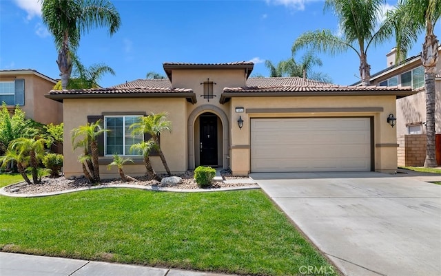29855 Bay View Way, Menifee, CA 92584 - mediterranean / spanish-style home featuring a garage, a front lawn, stucco siding, and driveway
