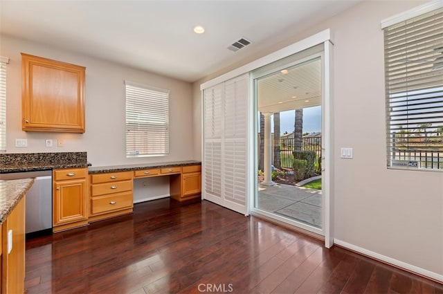 29855 Bay View Way, Menifee, CA 92584 - interior space with recessed lighting, built in desk, baseboards, visible vents, and dark wood-type flooring