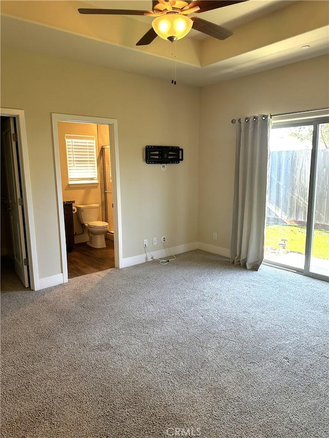 16 Petaluma Ct, Chico, CA 95926 - unfurnished bedroom featuring carpet, access to exterior, baseboards, ensuite bath, and a ceiling fan