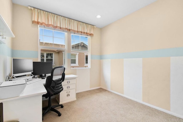 office area with baseboards, recessed lighting, and light colored carpet