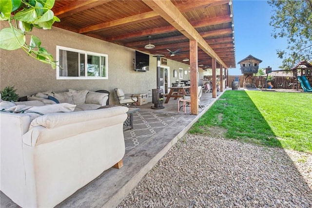 7440 Shale Rock Rd, Paso Robles, CA 93446 - view of patio featuring a playground, an outdoor living space, and a ceiling fan