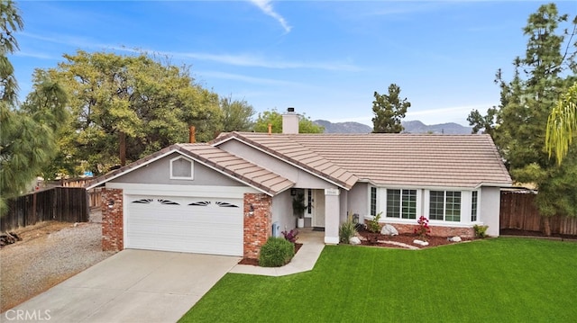 28646 Patti Ln, Menifee, CA 92585 - single story home with brick siding, a garage, concrete driveway, and a chimney