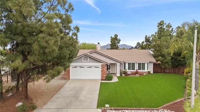 28646 Patti Ln, Menifee, CA 92585 - ranch-style house featuring a tile roof, driveway, a garage, a chimney, and stucco siding