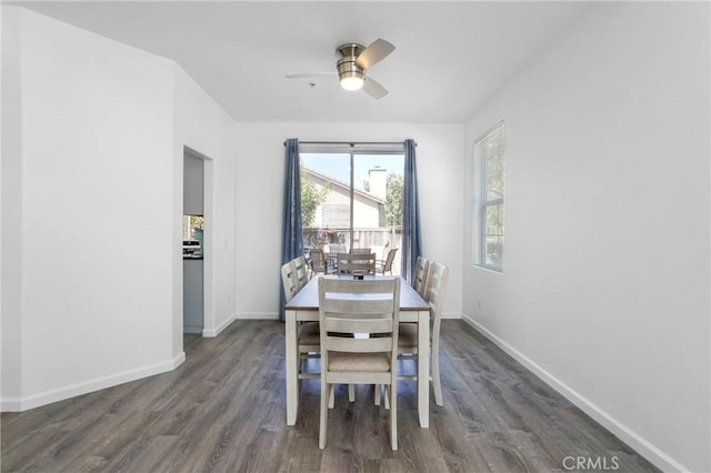 dining area featuring baseboards, wood finished floors, and ceiling fan