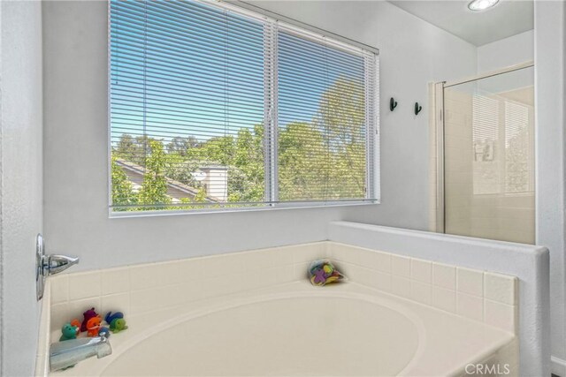 bathroom featuring a bath, a shower stall, and a healthy amount of sunlight