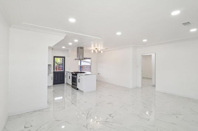 unfurnished living room featuring visible vents, recessed lighting, ornamental molding, and marble finish floor