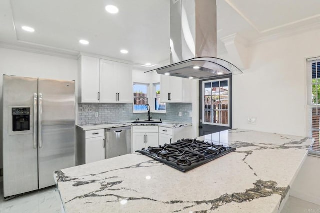 kitchen featuring ornamental molding, a sink, island range hood, and stainless steel appliances