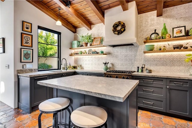 2020 N Victoria Dr, Santa Ana, CA 92706 - bar with wooden ceiling, exhaust hood, tasteful backsplash, a sink, and pendant lighting
