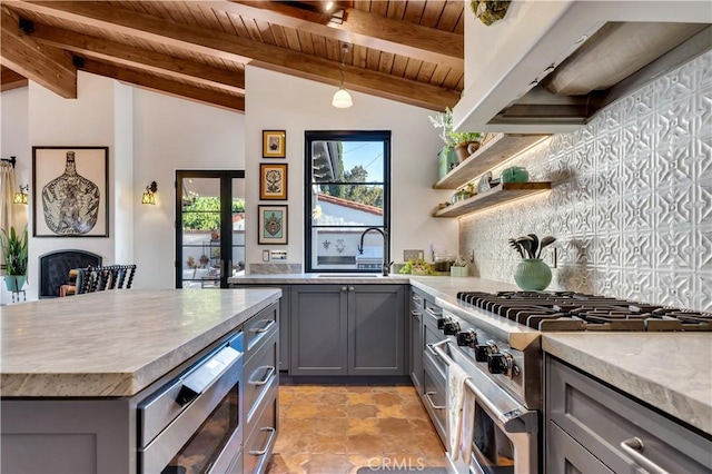2020 N Victoria Dr, Santa Ana, CA 92706 - kitchen with gray cabinetry, stainless steel appliances, wooden ceiling, a sink, and decorative backsplash