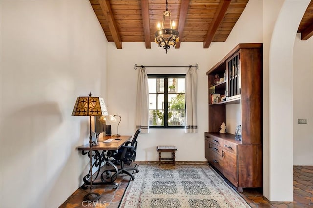 2020 N Victoria Dr, Santa Ana, CA 92706 - home office with wood ceiling, beam ceiling, a chandelier, and arched walkways