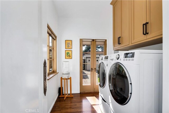 2020 N Victoria Dr, Santa Ana, CA 92706 - laundry area featuring washing machine and dryer, cabinet space, dark wood finished floors, and baseboards