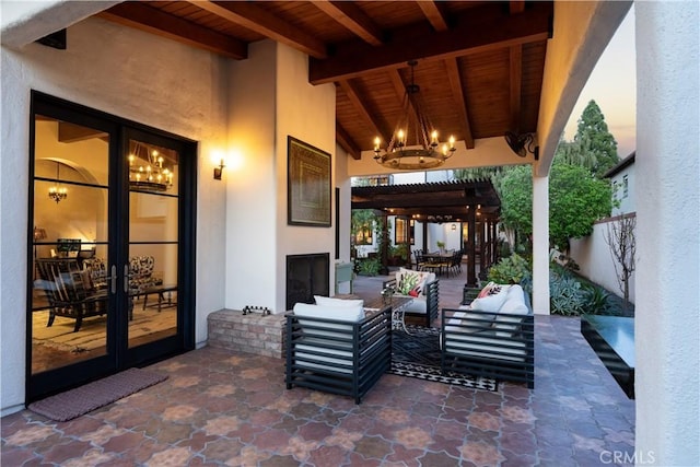 2020 N Victoria Dr, Santa Ana, CA 92706 - view of patio featuring an outdoor living space with a fireplace, fence, french doors, and a pergola