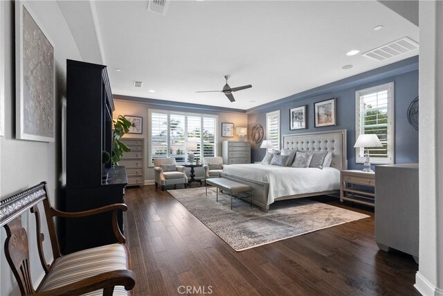28934 Rangeview Dr, Murrieta, CA 92563 - bedroom with dark wood-type flooring, recessed lighting, and a ceiling fan