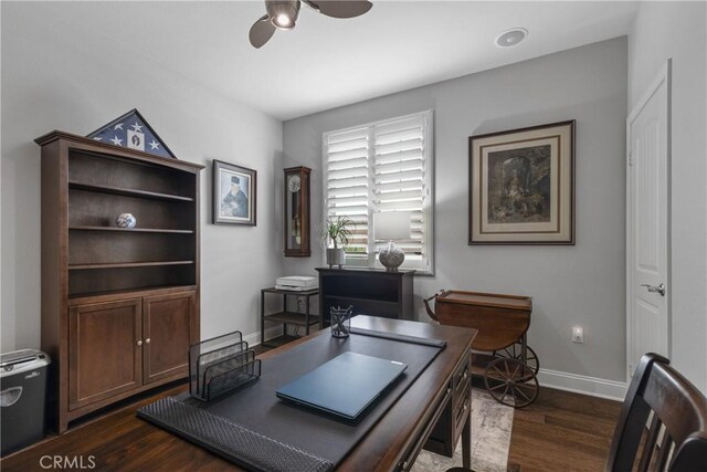 28934 Rangeview Dr, Murrieta, CA 92563 - office space featuring ceiling fan, dark wood finished floors, and baseboards