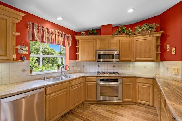 3161921 Via Puerta Del Sol, Bonsall, CA 92003 - kitchen with open shelves, a sink, appliances with stainless steel finishes, light countertops, and backsplash