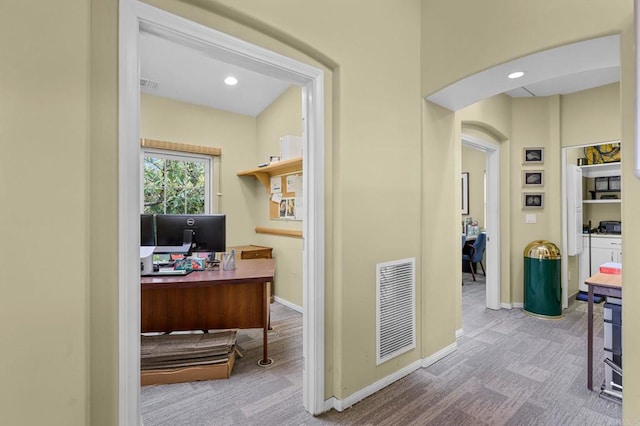 3161921 Via Puerta Del Sol, Bonsall, CA 92003 - carpeted office featuring visible vents, baseboards, recessed lighting, and arched walkways
