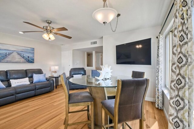 1202 N Pacific St Unit 201B, Oceanside, CA 92054 - dining space with baseboards, ceiling fan, wood finished floors, and visible vents