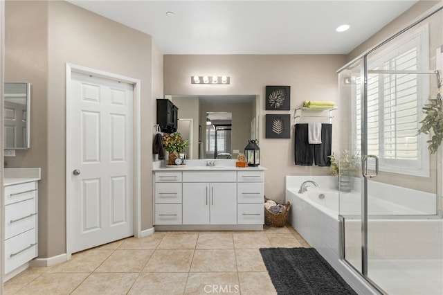 30525 Hawkscrest Rd, Murrieta, CA 92563 - full bathroom featuring vanity, a stall shower, tile patterned flooring, and a bath