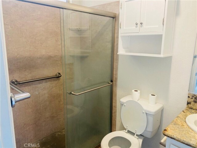 bathroom featuring toilet, a shower stall, and vanity