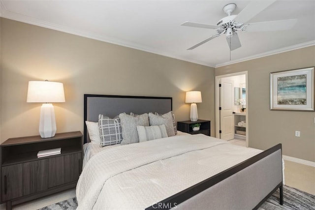 bedroom with carpet floors, a ceiling fan, baseboards, and ornamental molding