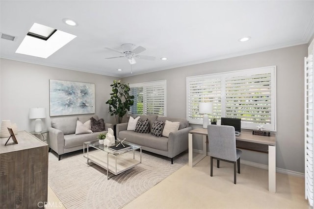 living room with a skylight, ornamental molding, recessed lighting, and visible vents