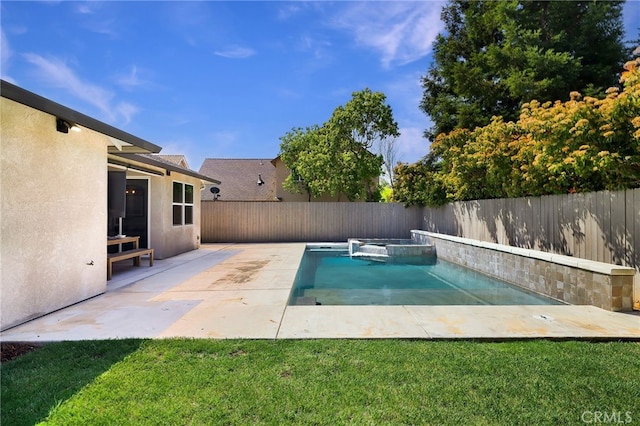 view of swimming pool featuring a fenced in pool, a lawn, a patio, and a fenced backyard