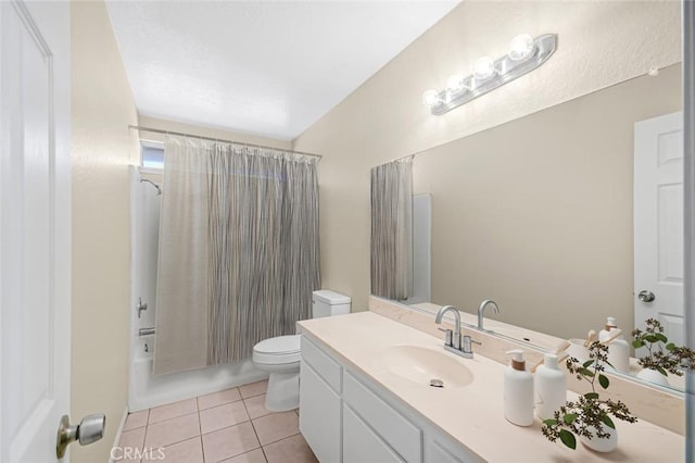 full bath with toilet, vanity, shower / bathtub combination with curtain, and tile patterned floors