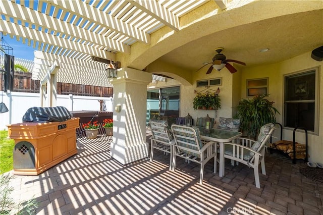23849 Canyon Lake Dr N, Canyon Lake, CA 92587 - view of patio / terrace with a pergola, fence, a ceiling fan, and outdoor dining space