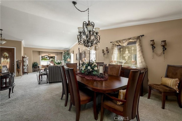 23849 Canyon Lake Dr N, Canyon Lake, CA 92587 - dining space featuring an inviting chandelier, ornamental molding, and light carpet