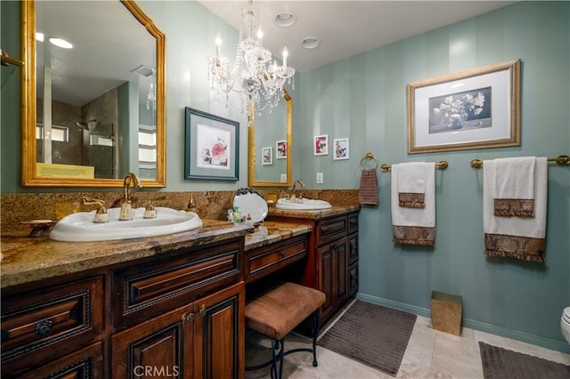 23849 Canyon Lake Dr N, Canyon Lake, CA 92587 - full bath with a sink, an inviting chandelier, a shower with door, and double vanity